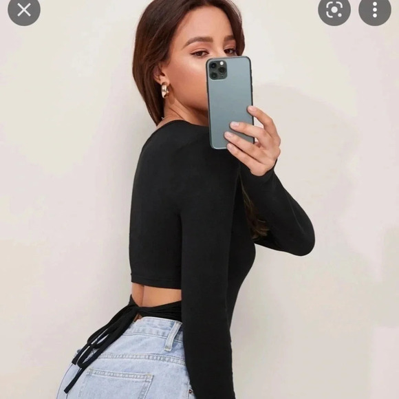 3/$15 Basic casual tie back long sleeve round neck scoop crop neck top small - Picture 3 of 13